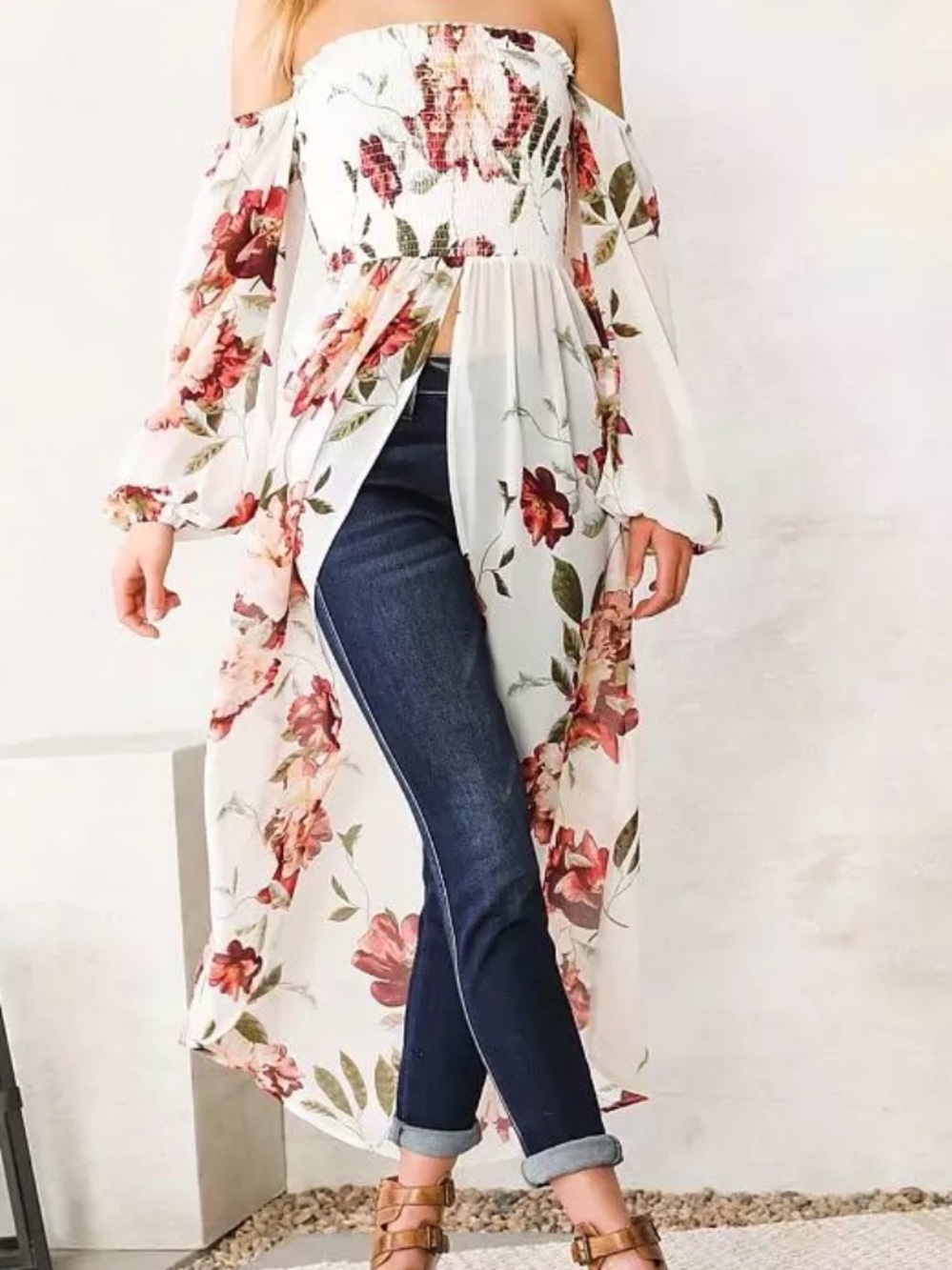 Buckle Off the Shoulder Maxi top Floral  High-Low Tunic Top Sz Medium